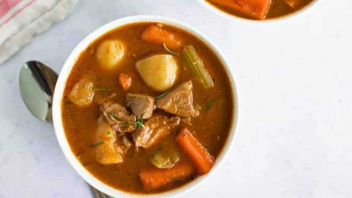 A comforting bowl of beef stew, rounded up with carrots and potatoes.