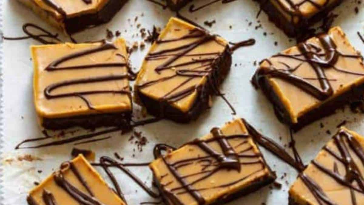 A shared round up of no bake desserts, including a sheet of brownies with chocolate drizzle on top.