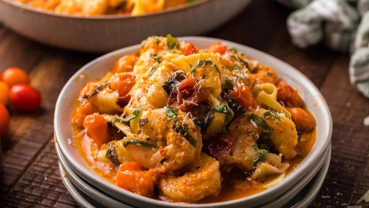A shared bowl of comforting pasta, rounded up with juicy tomatoes.