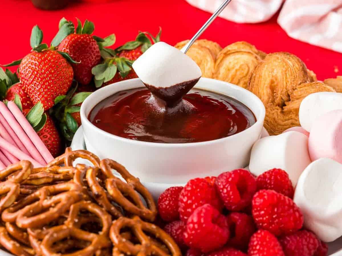 Valentine's day dip with strawberries and pretzels.