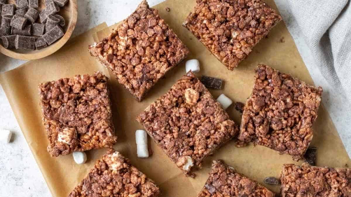 Chocolate granola bars on a baking sheet.