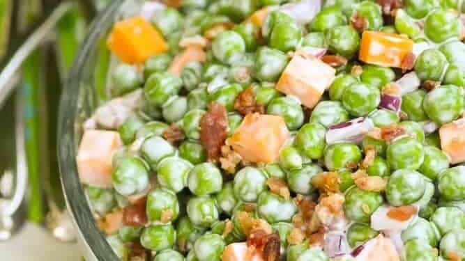 Pea salad with bacon and pecans.