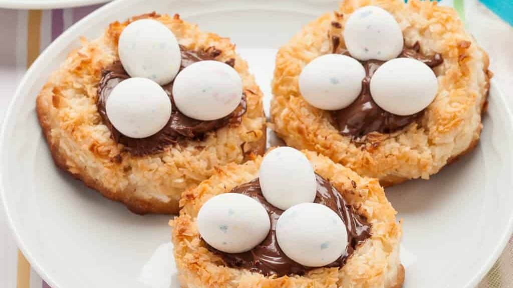 Easter cookies with chocolate and marshmallows on a plate.
