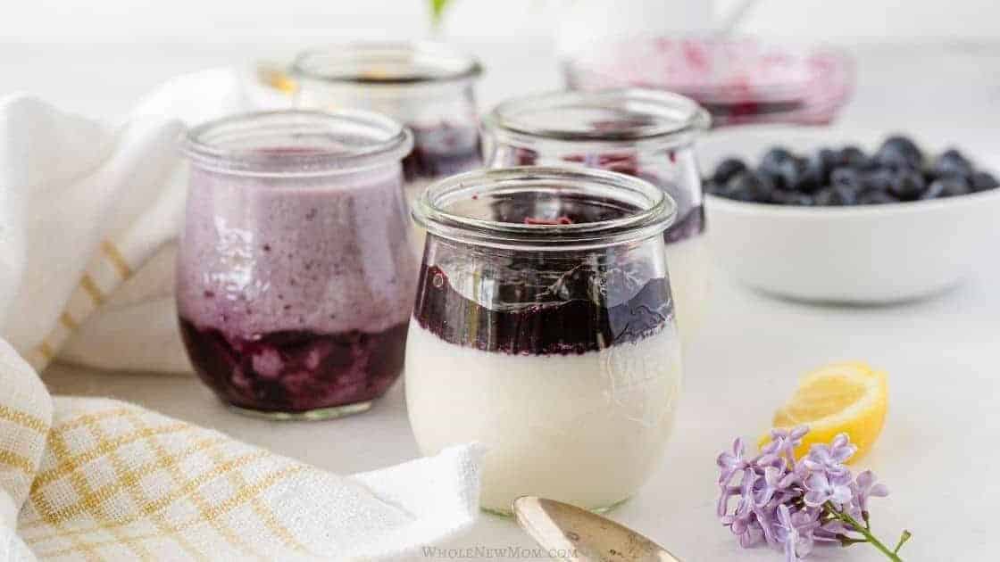 A group of glass jars with blueberry and white yogurt.