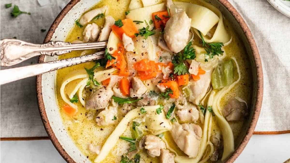 Chicken noodle soup in a bowl.