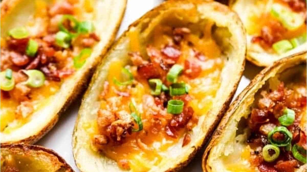 Cheesy potato skins topped with bacon and green onions.