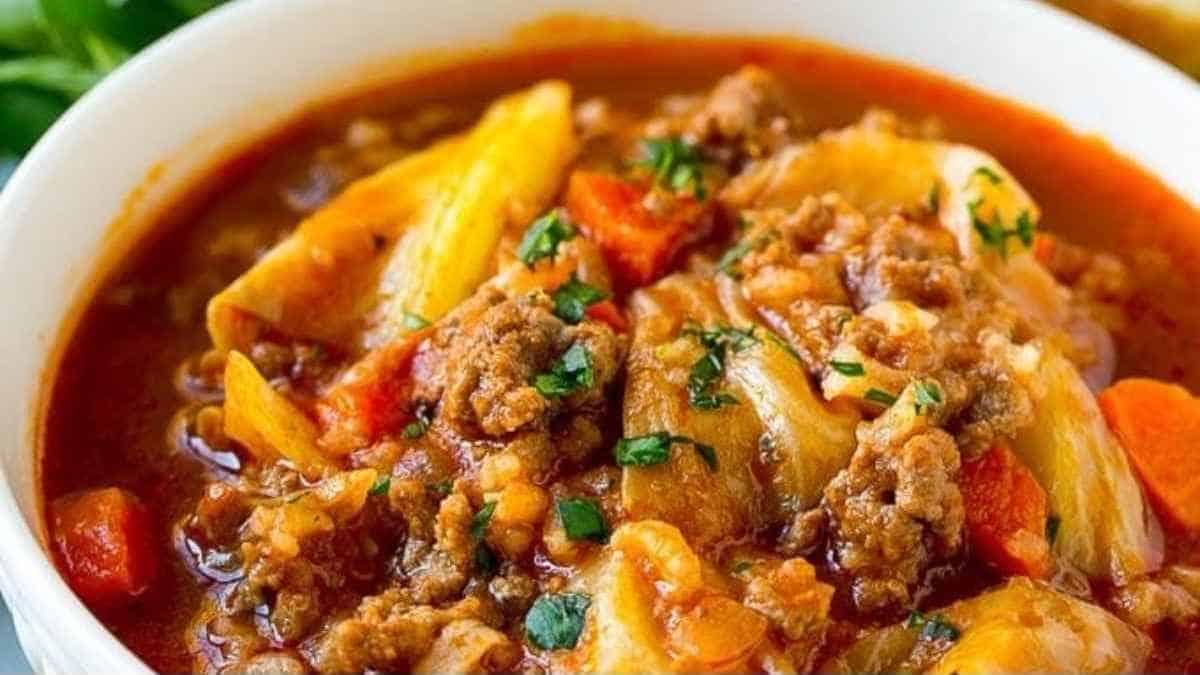 A bowl of stew with meat and vegetables.