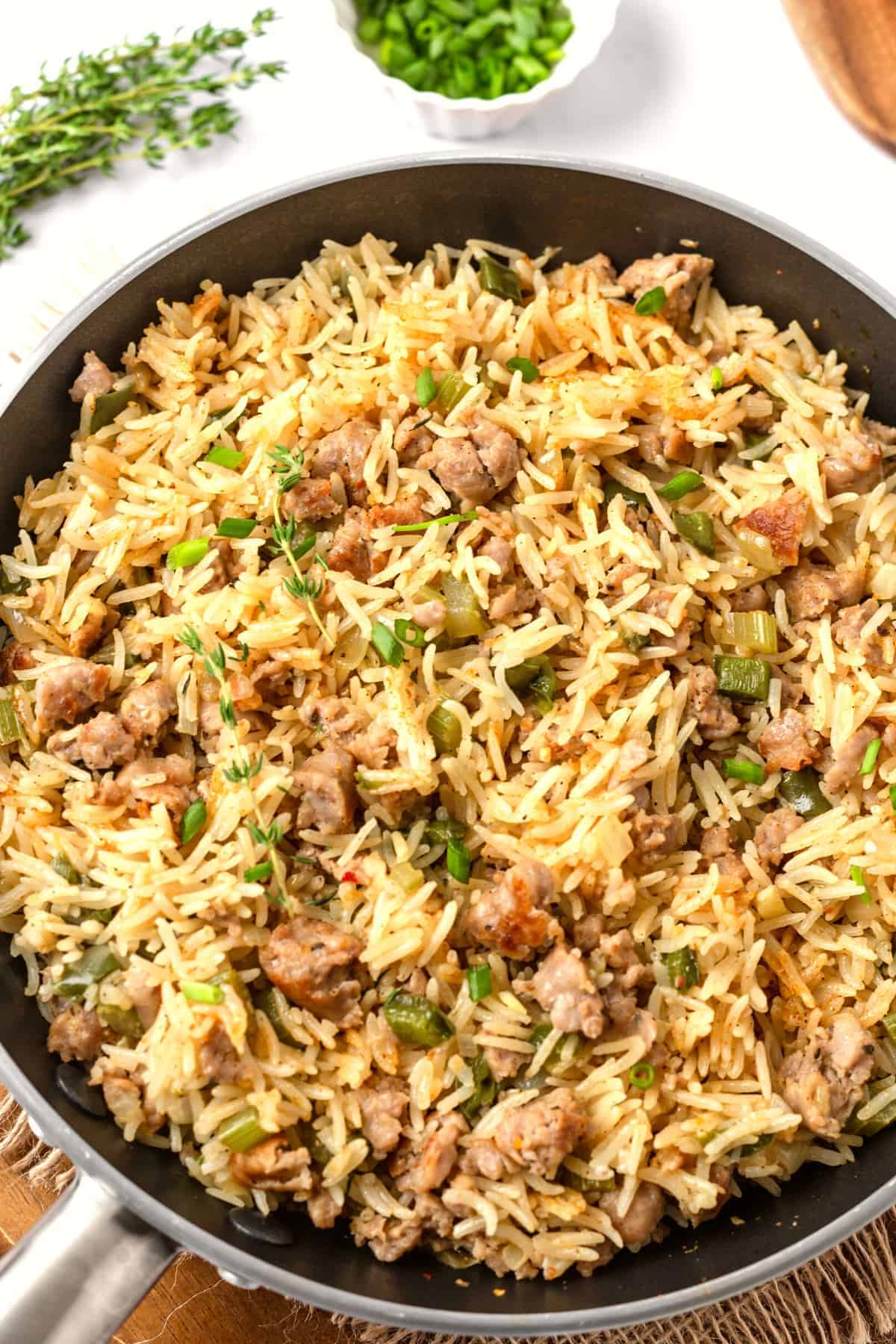 A delicious skillet with rice and savory ground sausage.