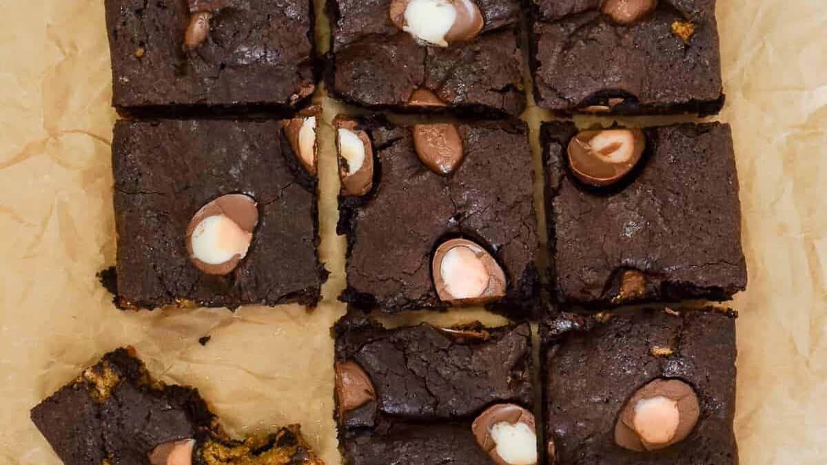 Chocolate brownies with white chocolate chips and marshmallows.