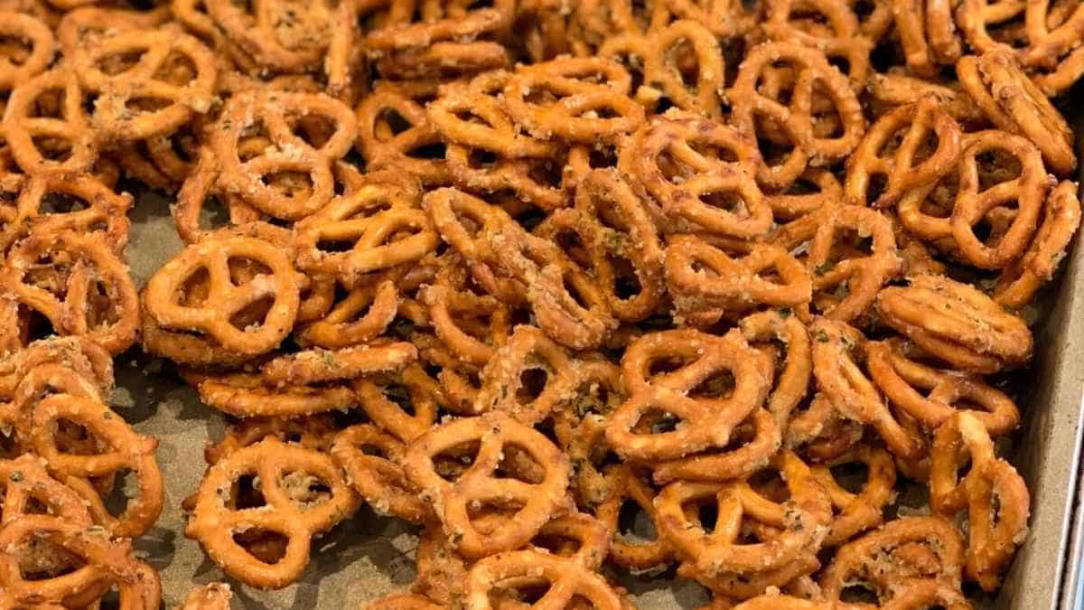 A tray of pretzels sitting on a table.