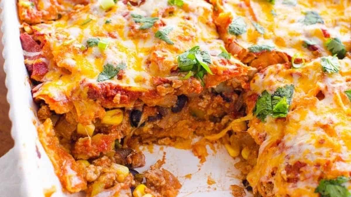 Mexican lasagna in a baking dish.