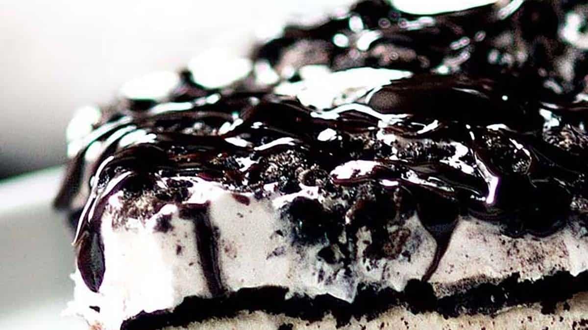 A close up of a piece of chocolate ice cream cake.
