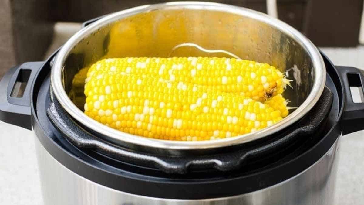 Corn in a stainless steel pressure cooker.