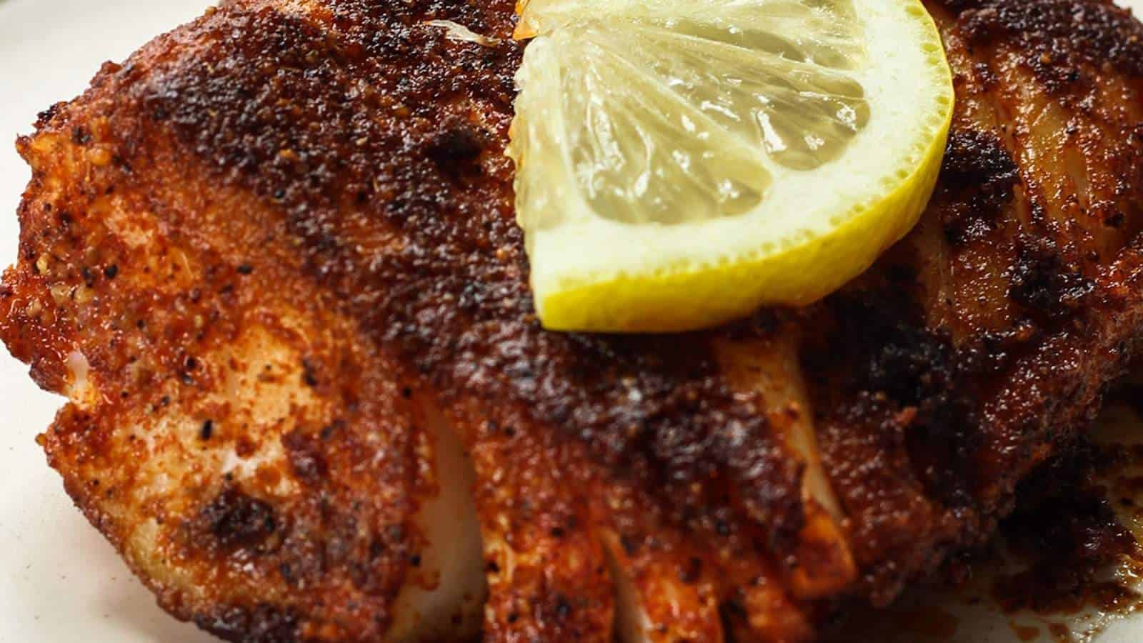 A piece of fish on a plate with a slice of lemon.
