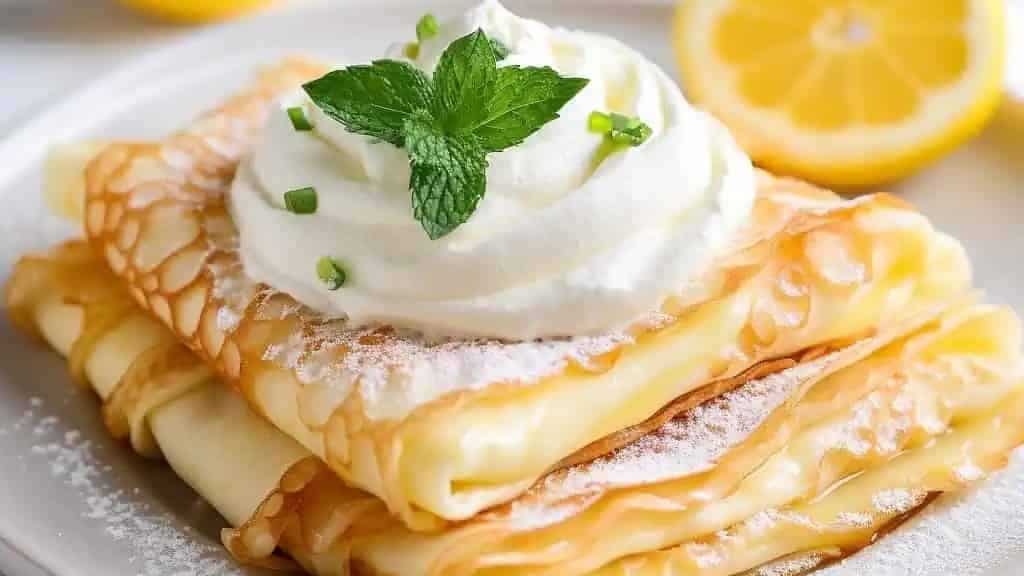 Lemon crepes on a plate with whipped cream and mint.
