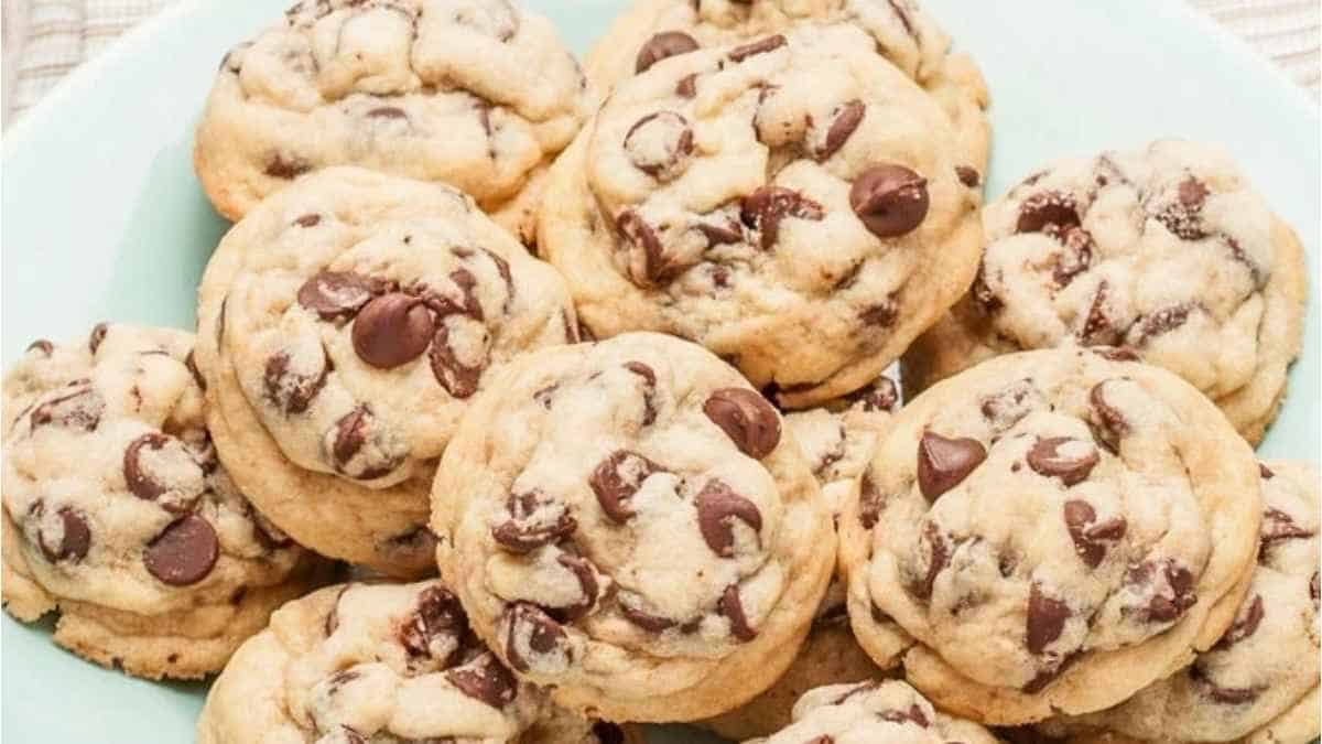 Chocolate chip cookies on a plate.