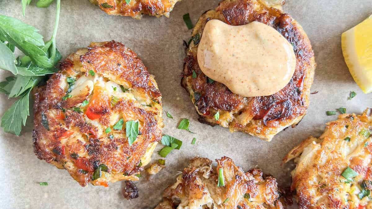 Crab cakes on a baking sheet with dipping sauce.