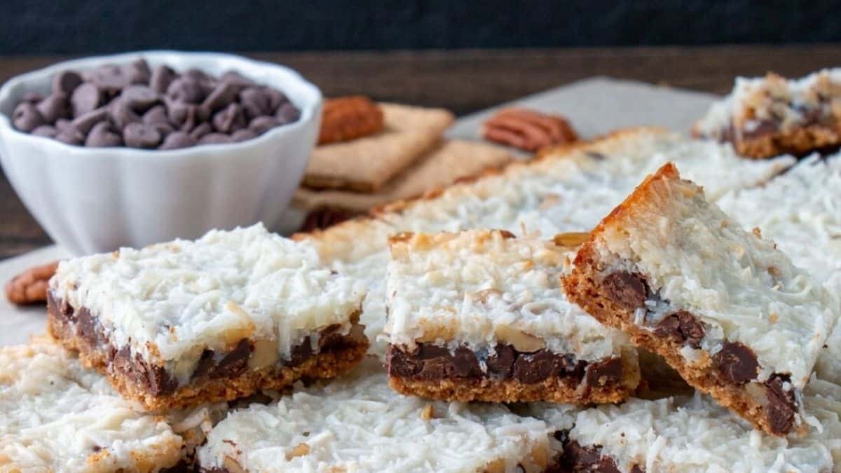 Chocolate coconut bars with pecans and chocolate chips.