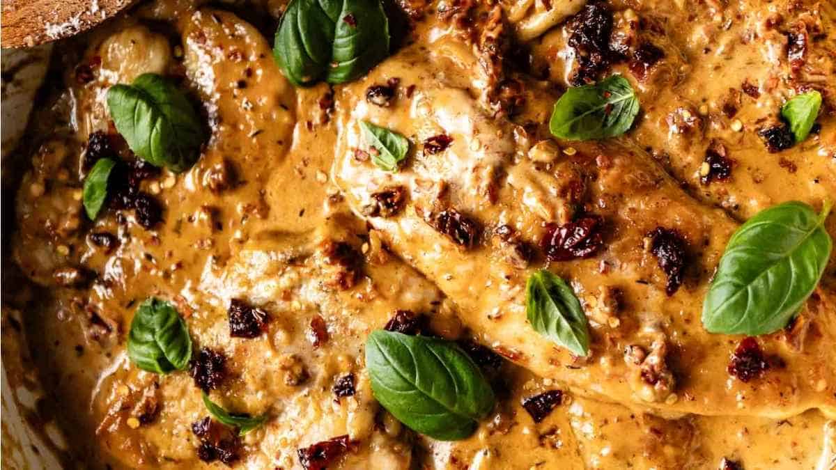 Chicken breasts in a sauce with basil leaves in a white dish.