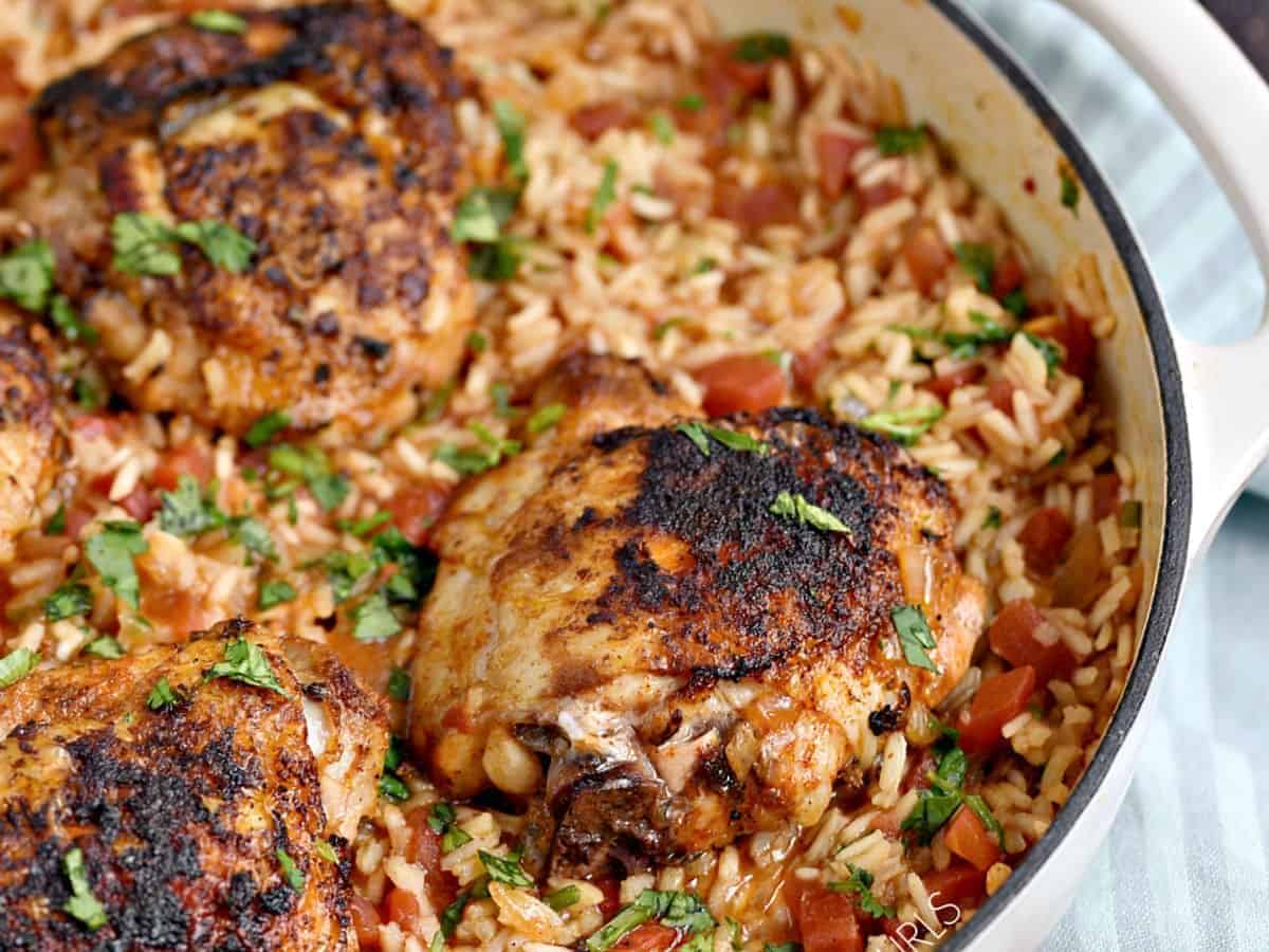 Mexican chicken and rice in a skillet.