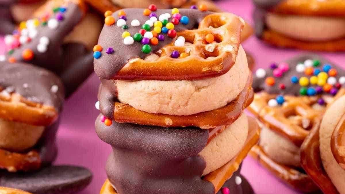 A stack of pretzels covered in chocolate and sprinkles.