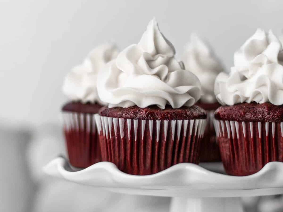 Red velvet cupcakes on a white plate with whipped cream.