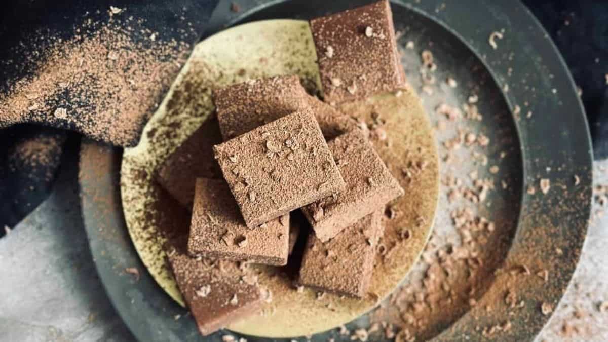 Chocolate fudge on a plate with powder on it.