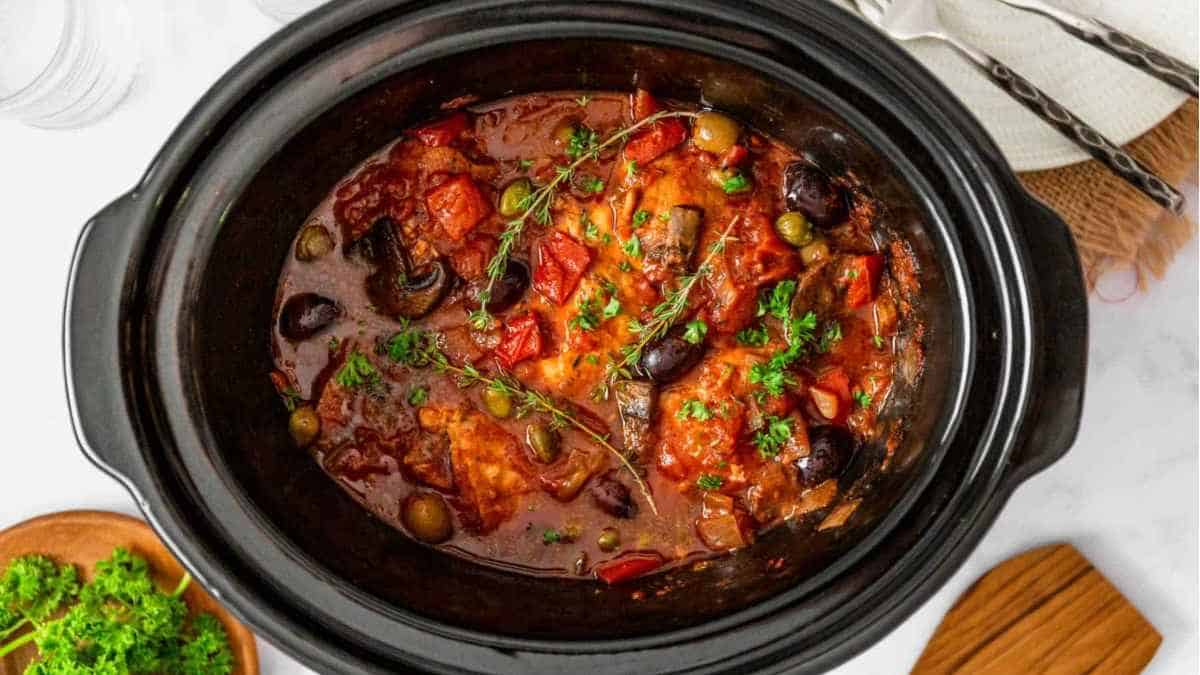 A slow cooker of food.