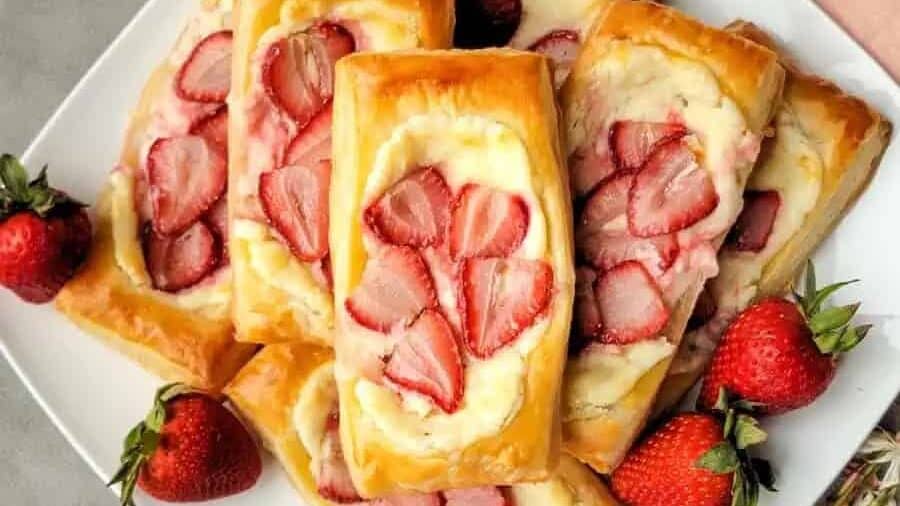 A plate with strawberries and pastries on it.