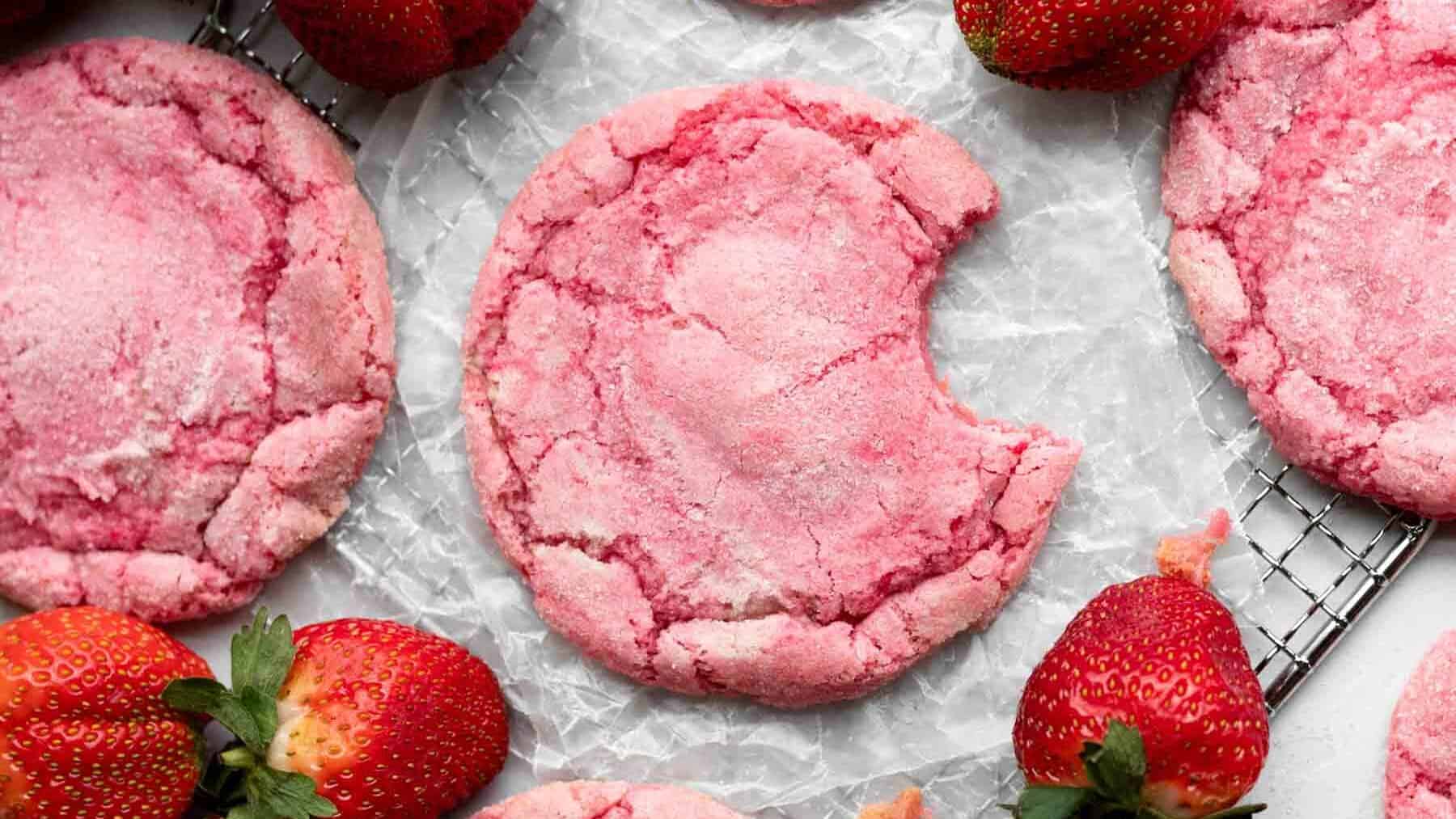 Strawberry cookies on a cooling rack with a bite taken out.