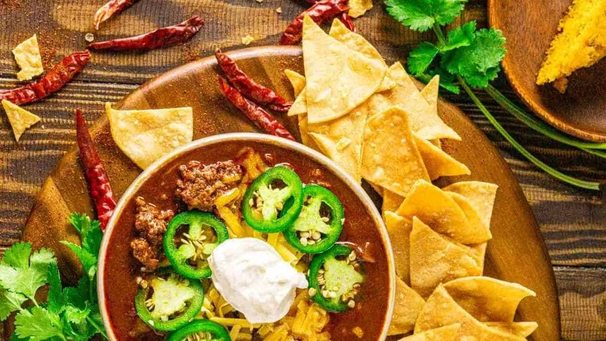 A bowl of chili with tortilla chips and sour cream.