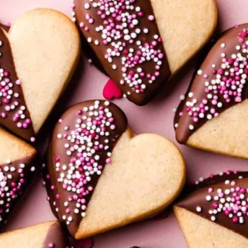 Valentine's day cookies on a pink plate with sprinkles.