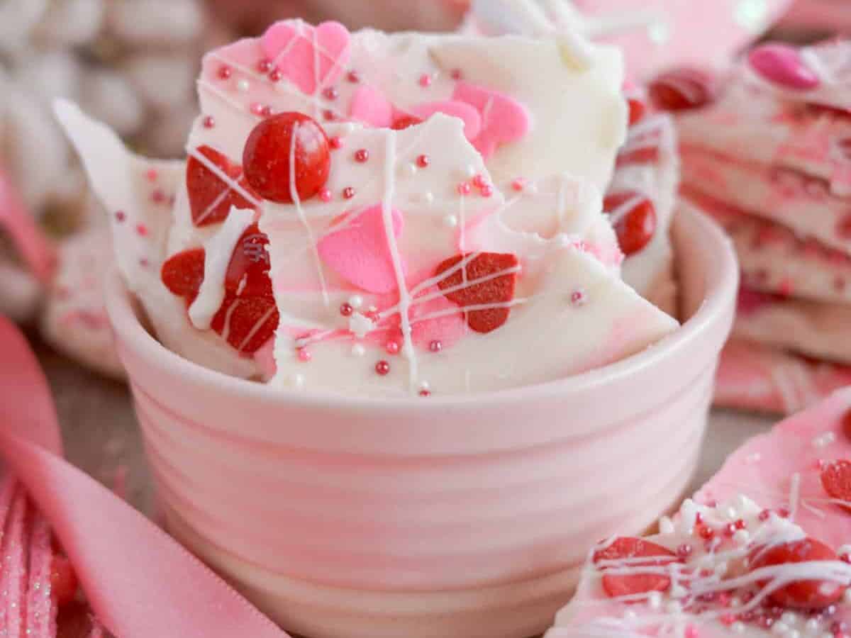 Valentine's day bark in a pink bowl.