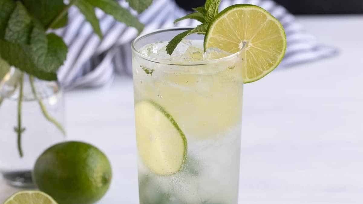A glass of mojito with lime and mint.