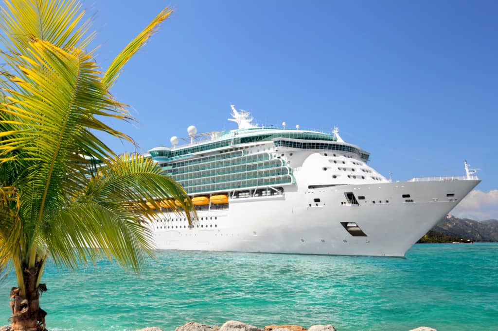 A cruise ship docked in the water.