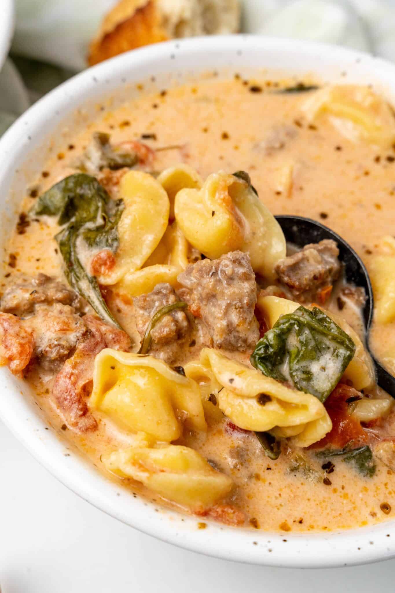 A hearty bowl of beef and tortellini soup served with warm bread.