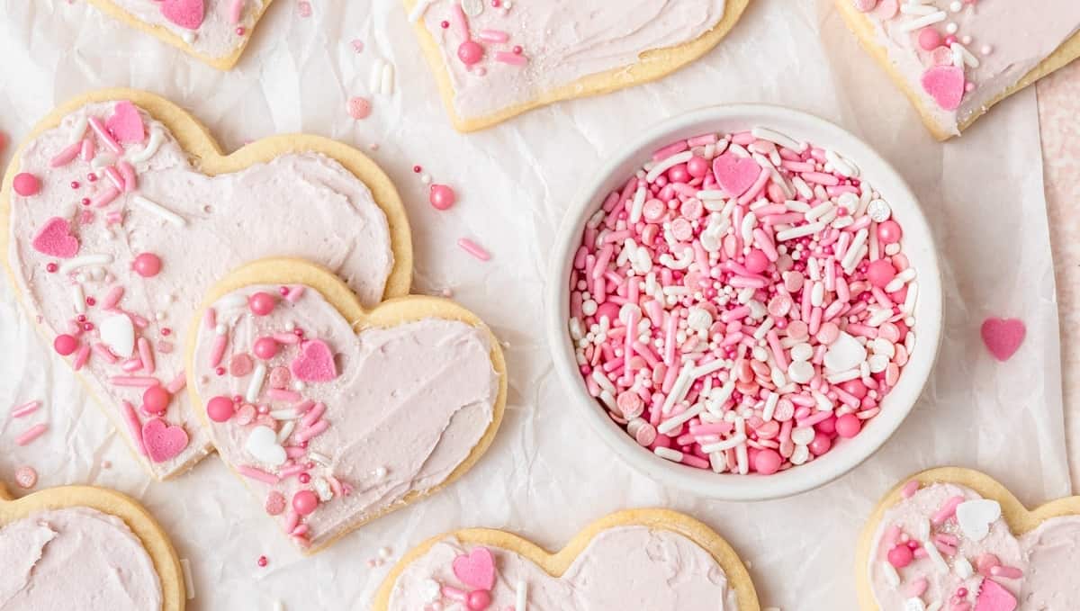 Valentine's day sugar cookies with pink sprinkles.