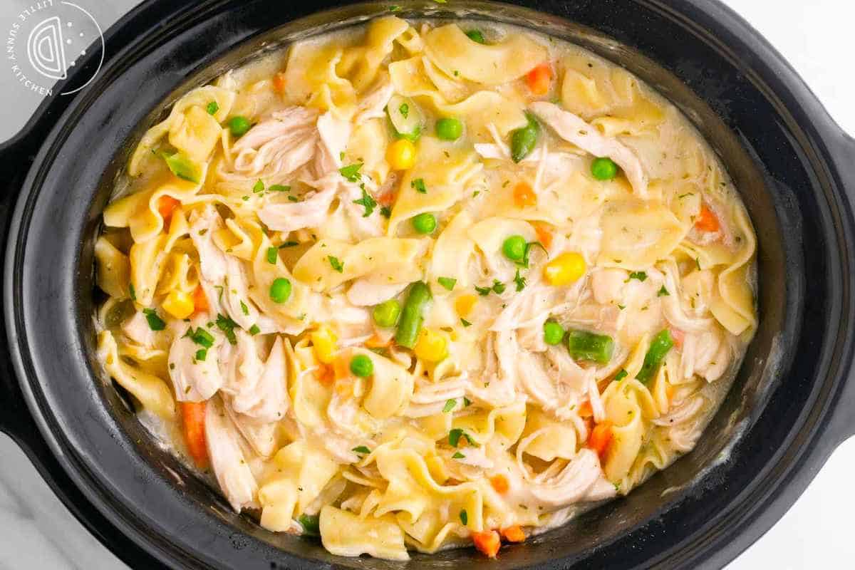 Chicken noodle soup in a crock pot.