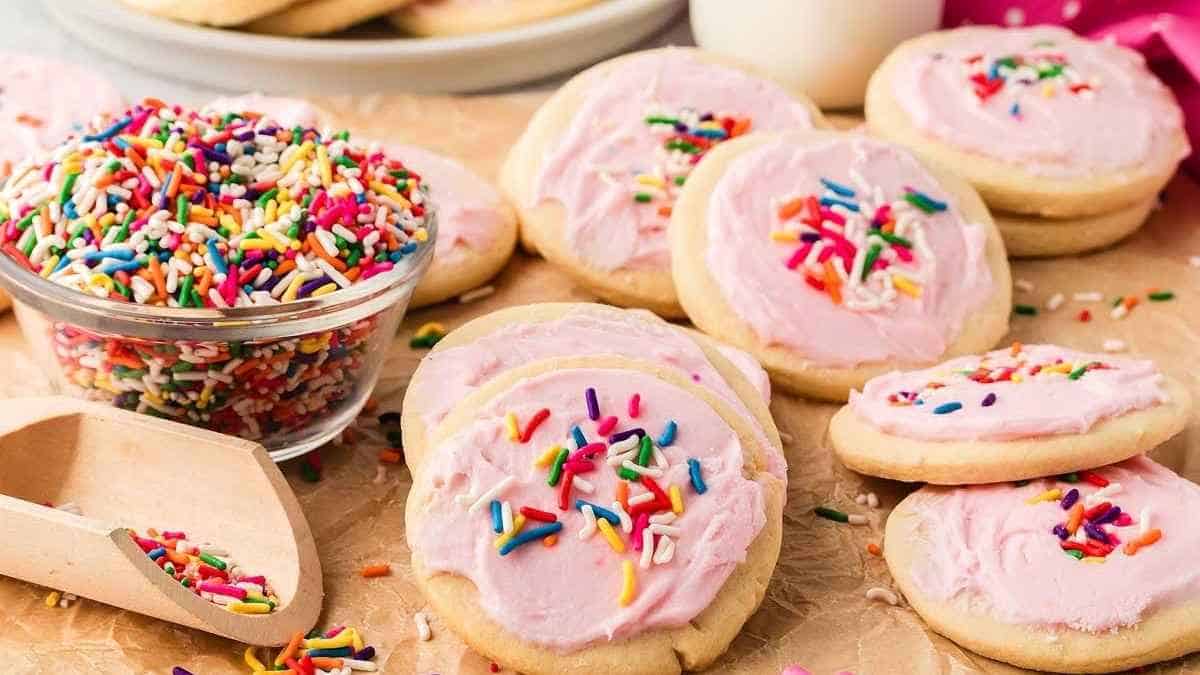Pink frosted cookies with sprinkles and a glass of milk.