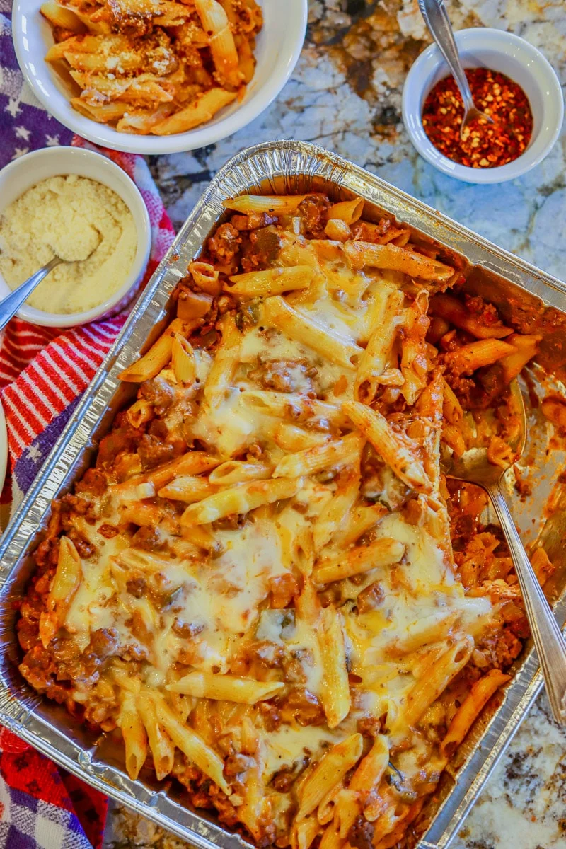 Cheesy penne pasta casserole with sausage.