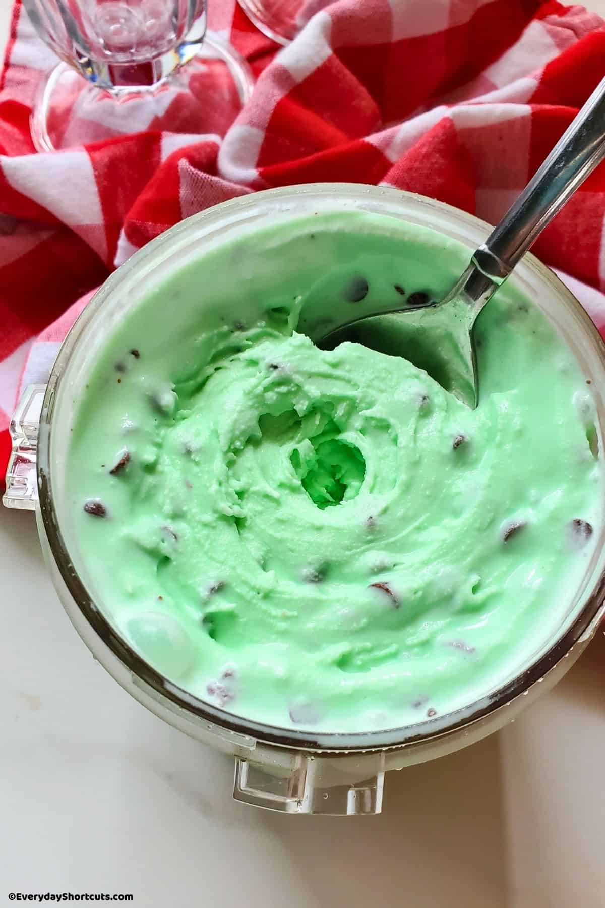 Mint chip ice cream in a bowl with a spoon.