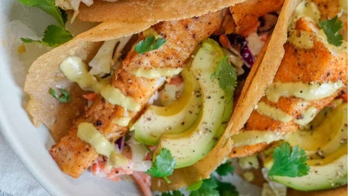 Salmon tacos with avocado and cilantro on a white plate.