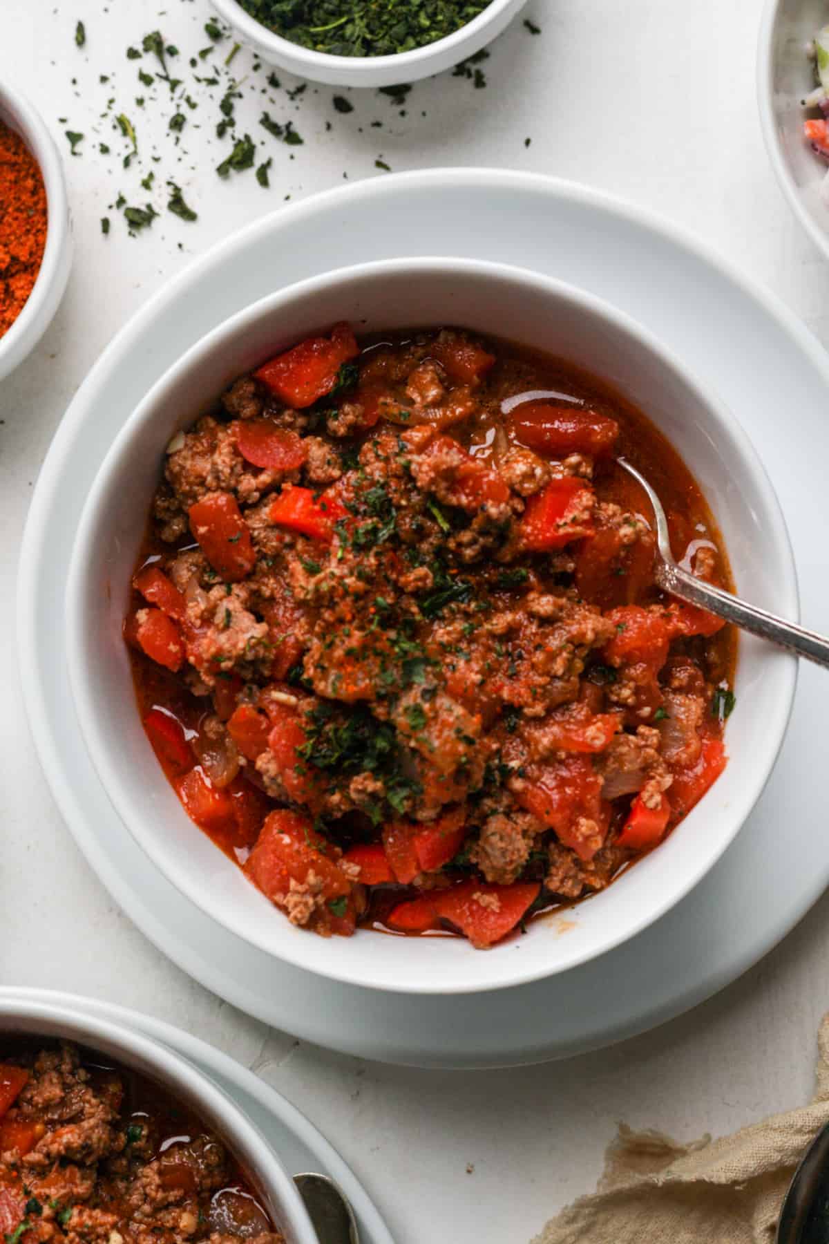 A bowl of meat and tomato stew on a white plate.