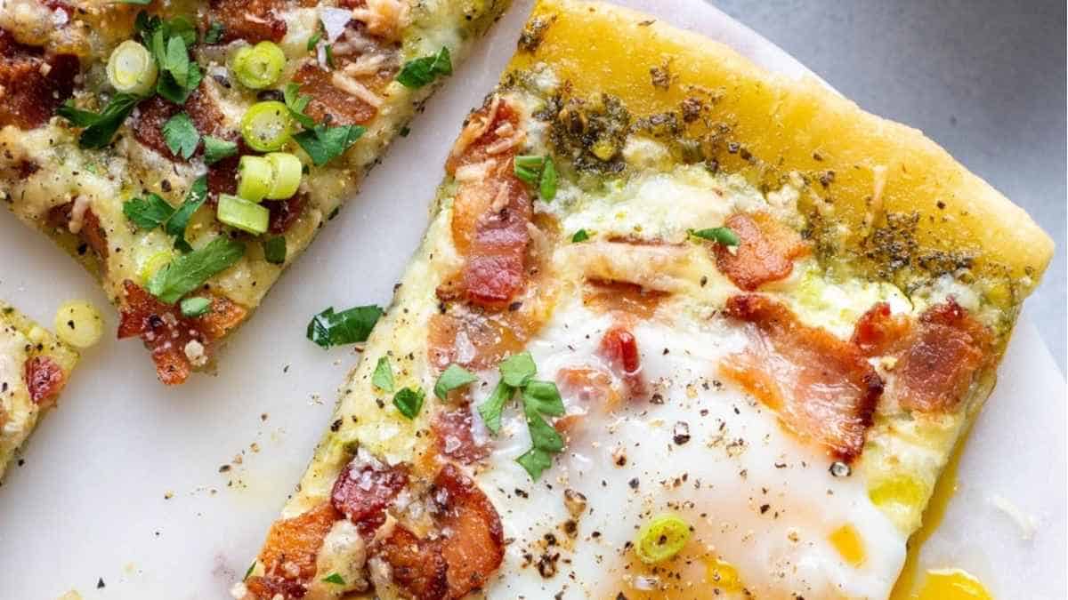 5 Ingredient Breakfast Pizza With Pesto And Bacon.