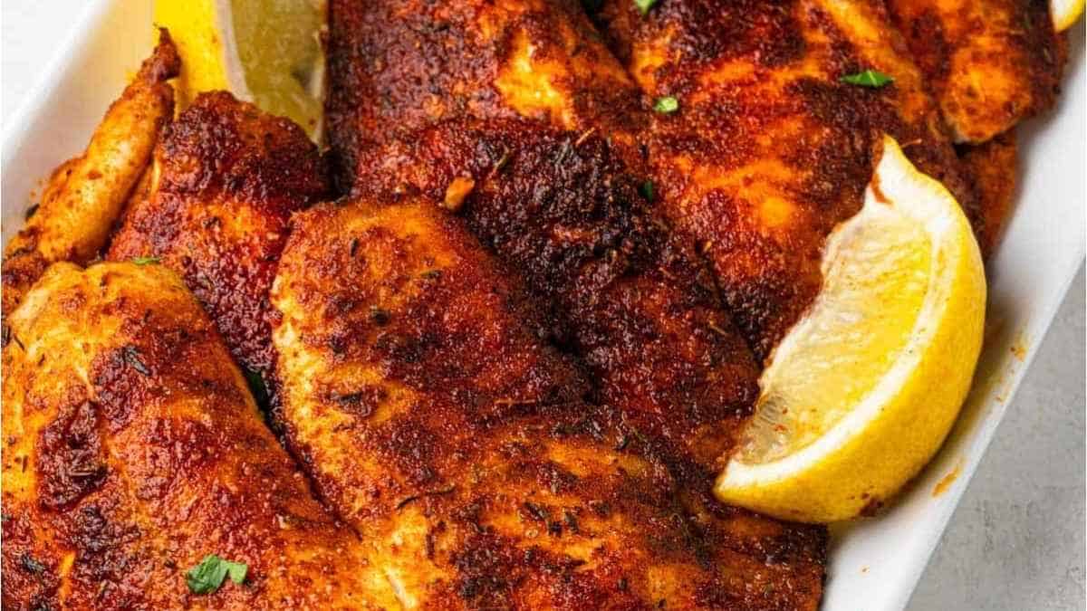 Baked fish fillets in a white dish with lemon wedges.