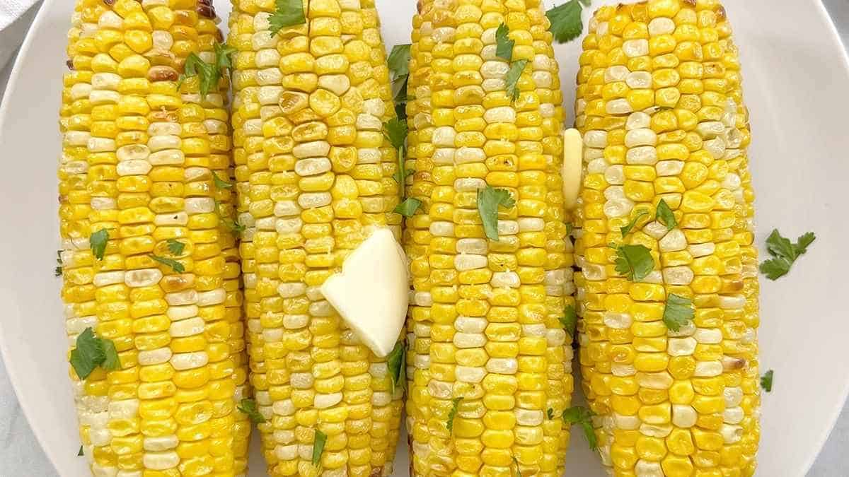 Grilled corn on the cob with butter on a white plate.