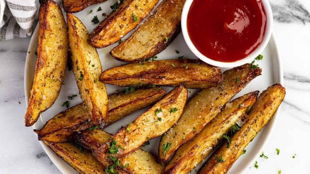 Fried potato wedges with ketchup on a plate.