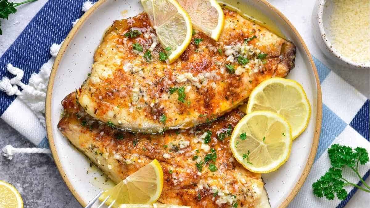 Fish fillets on a plate with lemon and parsley.
