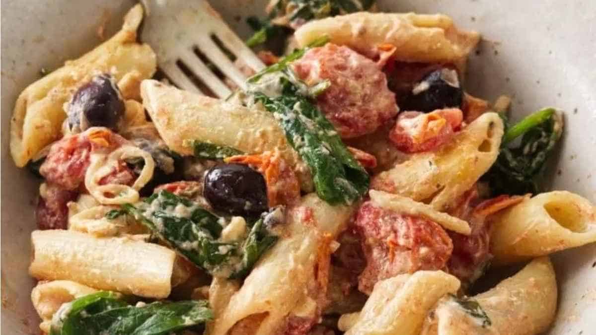 Baked Goat Cheese Pasta with Tomatoes. 