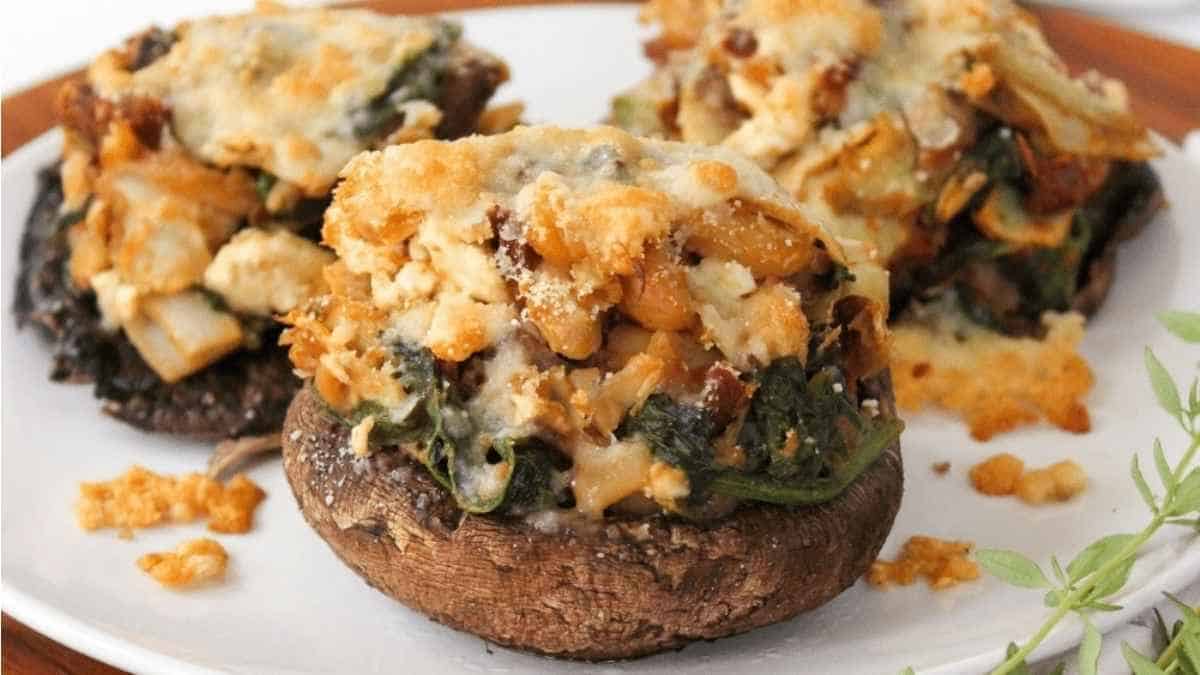Stuffed mushrooms with spinach and cheese on a white plate.